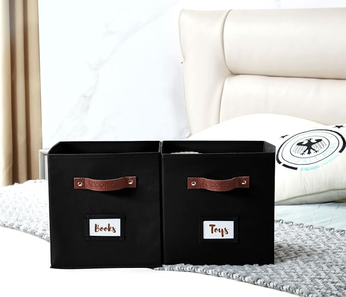 DECOMOMO Storage Bins, Cube Storage Bin with Labels | 13" x 13" x 13" Fabric Storage Cubes for Shelves (6pcs, Black)