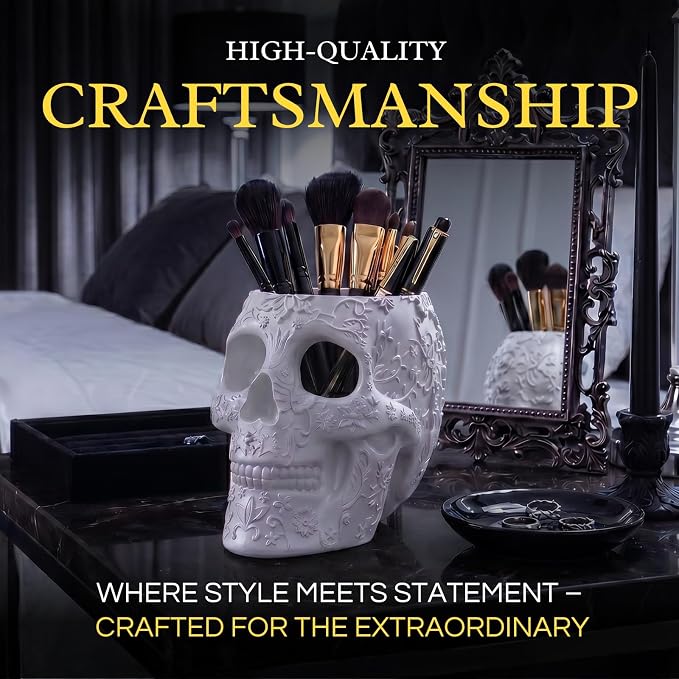 Skull Makeup Brush, Candy Bowl & Pen Holder, Bowl, Spooky Goth Decorations, Extra Large, Strong Resin, Skeleton Skulls and Bones Organizer Bathroom Trick Or Treat Decor by Gute (White)