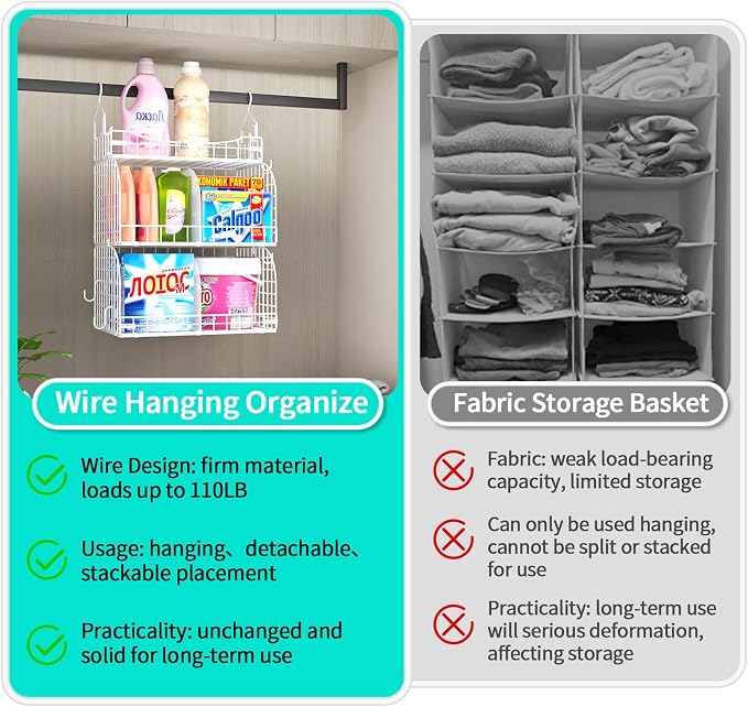 HapiRm Hanging Closet Organizer Storage - 3 Tier Metal Stackable Hanging Closet Shelves with Dividers and S Hooks, Foldable Clothes Shelves for Clothes, Pants, Shoes, Coat, Hats Clutches Accessories