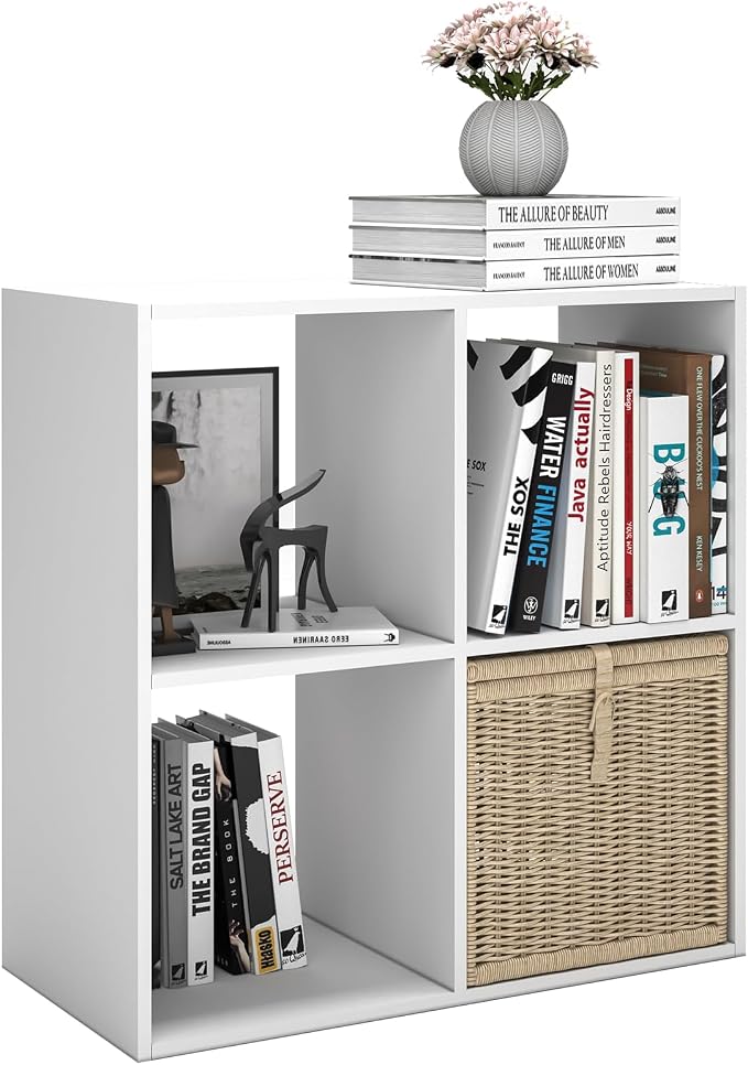 4 Cube Shelf with Anti-Tipping Kits + Reversible Open Back Bookcase, Multi Layer and Multi Grid Partition Layout (White 11in)