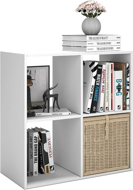 4 Cube Shelf with Anti-Tipping Kits + Reversible Open Back Bookcase, Multi Layer and Multi Grid Partition Layout (White 11in)