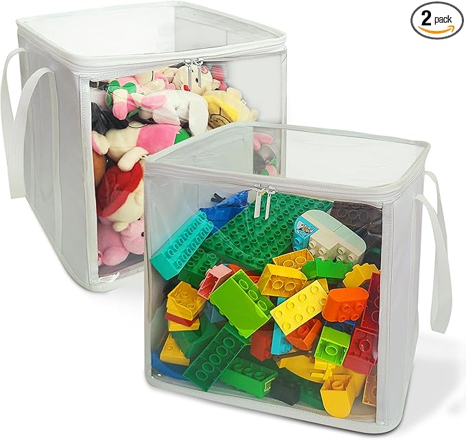 holay 2 Pack Foldable PVC Storage Bins with Transparent Lid & Handles, Large 12-Inch Cube Organizer Boxes for Clothes, Toys & Books (White, Large)
