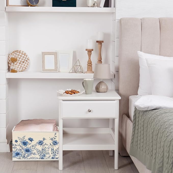 Blue and White Vintage Floral Storage Bin Box with Handles, Grandmillennial Flower Botanical Foldable Organizer Basket Toybox for Girls Dorm Bedroom Bathroom Clothes Toys Books