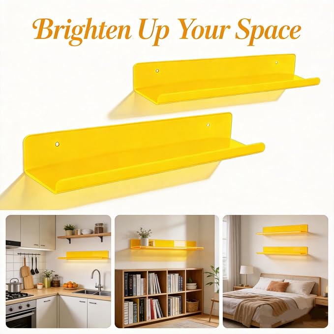 ROYALITA 2-Pack Acrylic Shelves Wall Mounted, 17 Inch Display Shelves | for Small Items Plants Organize Wall Shelves for Gaming Room, Bedroom, Living Room, Office, Yellow