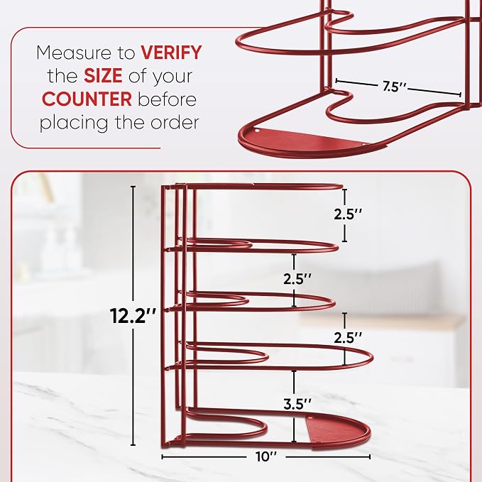 Heavy-Duty Pots and Pans Organizer | 5-Tier Cookware & Lid Storage Rack | Free-Standing or Wall-Mount | Kitchen Organizer for Cast Iron Skillets, Pots, Frying Pans, Lids | Red