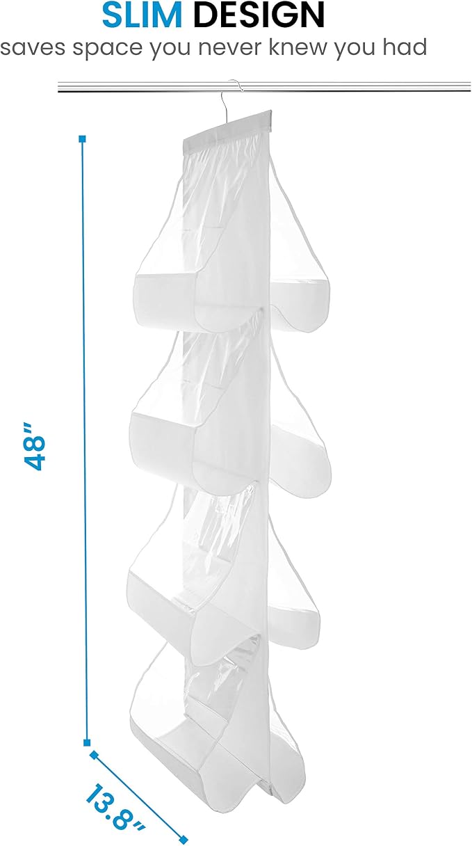 ZOBER Hanging Purse Organizer, Breathable Nonwoven Handbag Organizer, 8 Easy Access Clear Vinyl Pockets, White, 48 L x 12 W