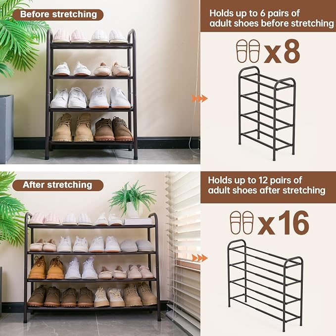 Gonfoam Shoe Rack for Closet, Expandable Shoe Organizer Storage Shelf, Adjustable Metal Free Standing Small Closet Shoe Rack for Entryway, Doorway (4-Tier Bronze)