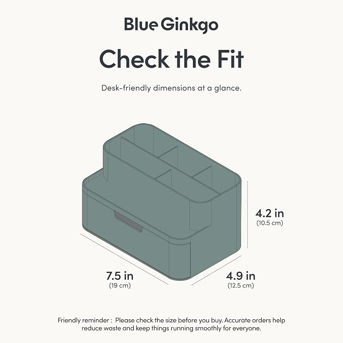 BLUE GINKGO Compact Desk Organizer – Small 5-Compartment, Half Drawer Storage – Pen Holder, Stationery Organizer for Desktop, Vanity, Shelf (Made in Korea, Green)