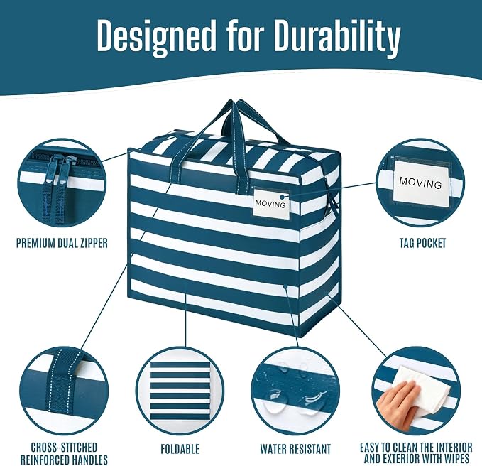VENO 4 Pack Heavy Duty Moving Bags, Storage Bags, Packing Supplies, Top Zipper, Storage Totes for Camping, Clothes, Bedding, Comforters, Pillows (13 Gallon, Classic Navy Stripe, 4 Pack)