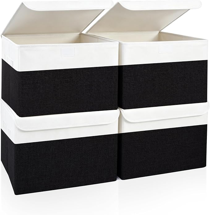 Bagnizer Large 22 Quart Linen Fabric Foldable Storage Bin Cube Organizer Basket with Flip-Top Lid & Handles, Clothes Blanket Box for Home, Office, Closet, Black & White, 4 Pack 14.6 x 9.5 x 9.5