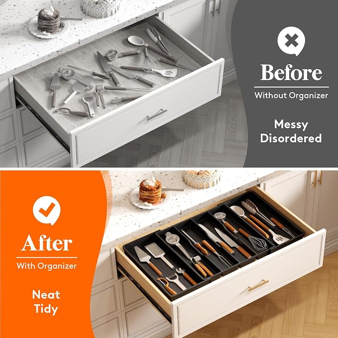 Lifewit Utensil Organizer for Kitchen Drawers, Expandable Cooking Utensil Tray, Adjustable Cutlery Silverware Flatware Holder, Plastic Spatula Tools Storage Divider, 18- 30 x 18.5", Black