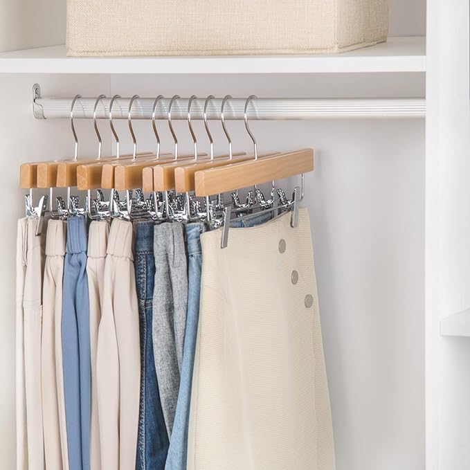 Nature Smile Wooden Pants Hangers Wood Bottom Jeans Skirt Hanger with Clips Anti Rust Hook Pack of 10 (Natural)