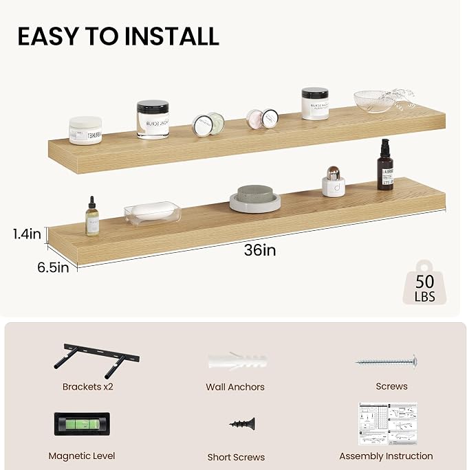 Vivelove 36 Inch Floating Shelves Wall Mounted for Display, 6.5 Deep Duty Shelves with Invisible Brackets for Living Room,Bedroom,Kitchen, Bathroom Storage & Decor,36" Wx6.5 Dx1.4 H - Oak