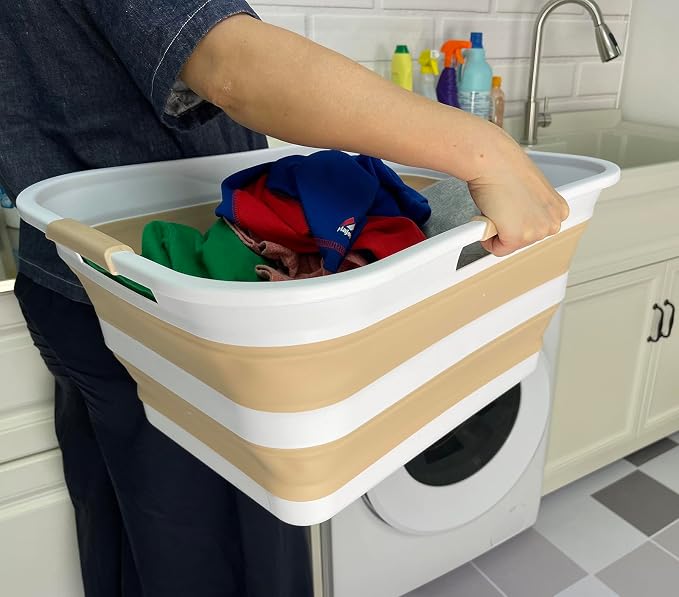 SAMMART 42 (11 Gallons) Collapsible Plastic Laundry Basket, Foldable Pop Up Storage Container/Organizer, Space Saving Hamper, Portable Bin for Dorm Room Bathroom (1, White/Beige)