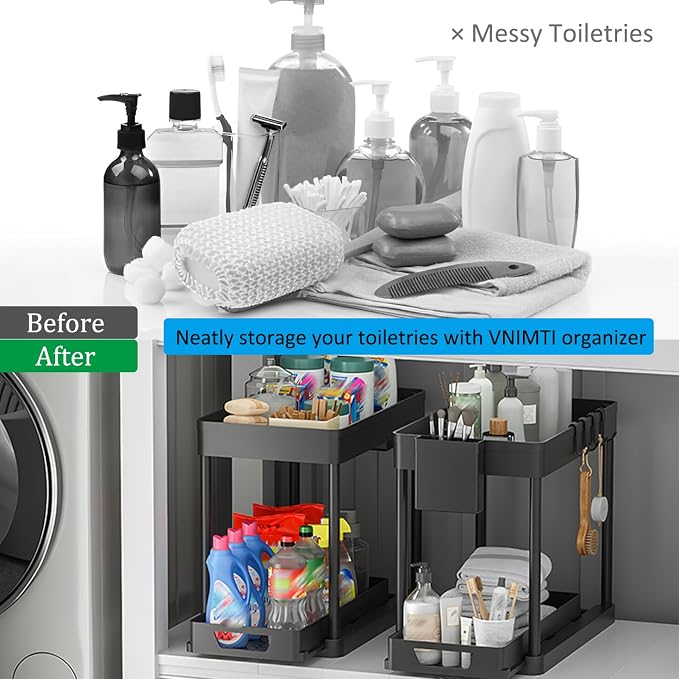 VNIMTI Under Sink Organizers and Storage, 2 Pack Pull Out Cabinet Organizer with Hooks, 2-Tier Under Sink Shelf for Bathroom and Kitchen, Multi-use Sliding Drawer with Large Capacity, Black
