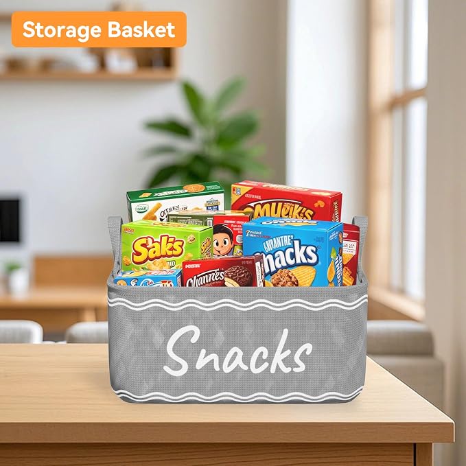 Snack Basket for Pantry & 5 Seal Clips - Snack Bin Organizer for Countertop - Imitation Linen Snack Storage Containers for Storing Chips, Pretzels, Cookies, Popcorn and more (1, Gray)