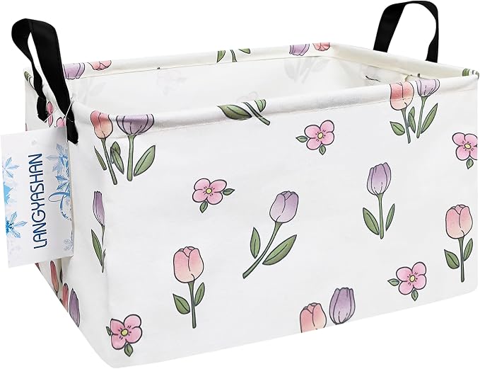 Rectangular Collapsible Romantic Tulip Storage Basket Nursery Organizer | Storage Bin Foldable Canvas with Handles for Organizing Home Kitchen Children Toys Office Closet Shelf Baskets