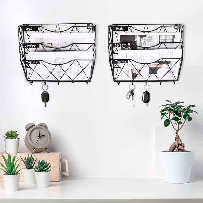 3 Tier Wall File Holder Organizer, Hanging File Organizer, Magazine Rack, Wall Mount Paper Folder Holder, with 5 Key Holder Hooks,Metal, Black