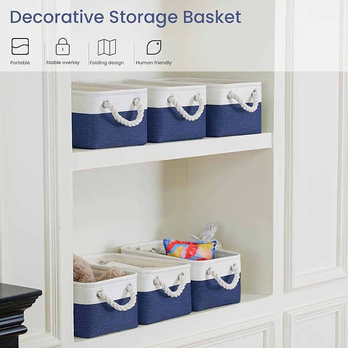 Storage Baskets for Shelves 11.8x7.9x5.2 Inch, Foldable Fabric Storage Bins with Handles, Small Storage Baskets for Organizing Closet, Office, Home Organization (6-Pack, White&Blue)