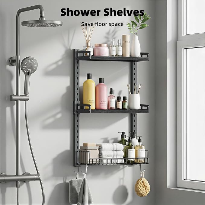 Kalrin 3 Tier Bathroom Shelves Over Toilet - Wall Mounted Floating Shelves with Drain Basket, Toilet Paper Storage, Height Adjustable Over The Toilet Storage, Pure Black