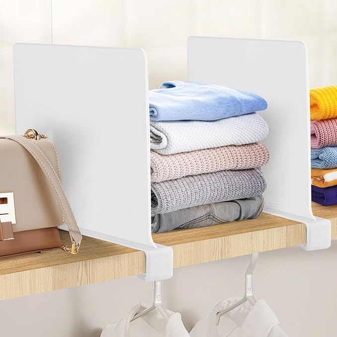 White Acrylic Shelf Dividers for Closets Organizer & Storage,8 Pack | Adjustable Vertical Wood Shelf Closet Separators, Keep Clean, for Clothes,Book,Bags, in Bedroom and Kitchen