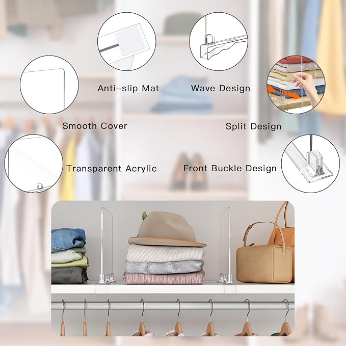 Fixwal 12 PCS Detachable Acrylic Shelf Dividers for Closet Organization Clear Shelf Divider for Closet Organizers and Vertical Purse Organizer for Closet, Bedroom, Kitchen, Office, Cabinets, Bathroom