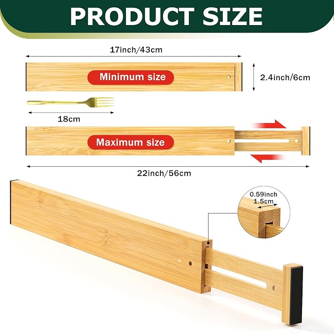 Lzerking Kitchen Drawer Dividers 6 Pack Bamboo Drawer | 17-22" Adjustable, Spring Loaded, Expandable Utensil Organizer, Works in Kitchen, Dresser, Closet, Bathroom, Bedroom