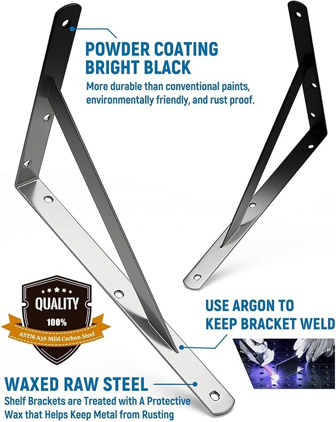 8-Pack 11 Inch Heavy Duty Shelf Brackets, Large Floating Wall Bracket for Garage Storage Shelves, Black Powder-Coated Finish, Load Capacity 800lbs
