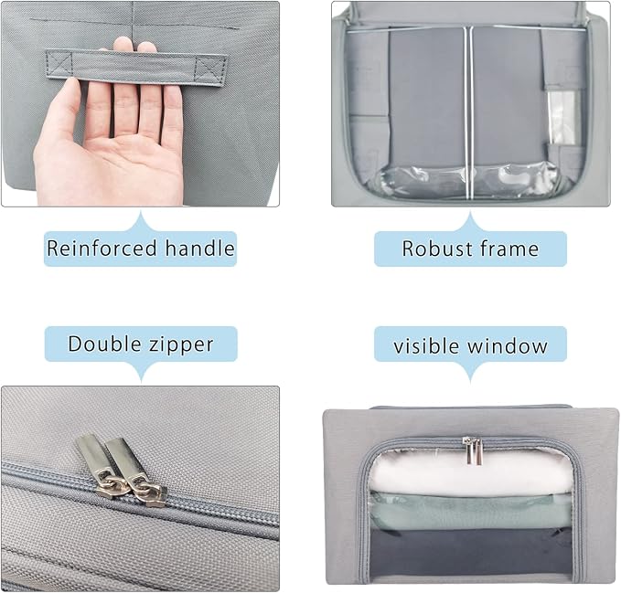 Clothes Storage Box Bins Stackable Foldable Organizer,Sturdy Handles with Metal Frame for Clothing Bedding Shelves,Closet Container with Clear Window Zipper and Label Holder (Gray, 22L x3 Pack)