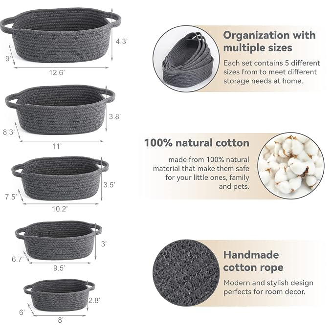 VOOWO Set of 5 Rectangular Cotton Rope Baskets for Storage, Organizing, Decorating, Dark Gray
