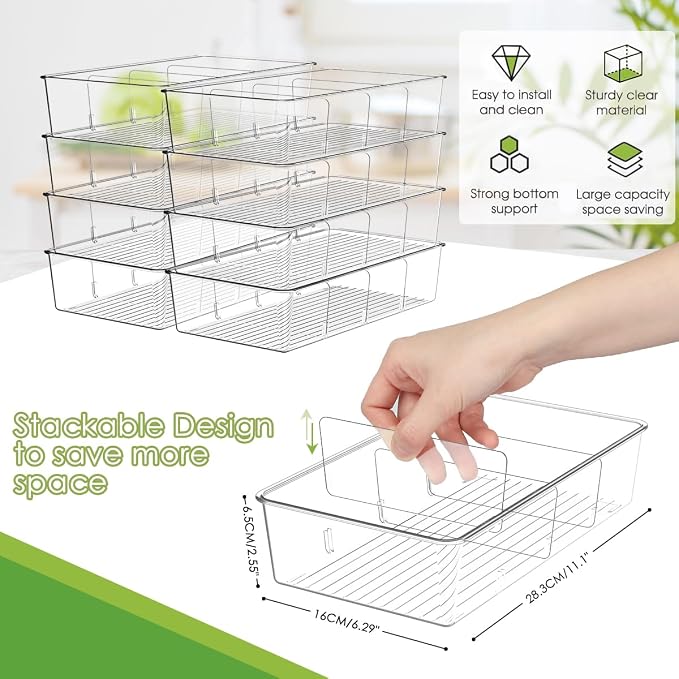 ZIZOTI Snack Organizer for Pantry Shelf, 6 Pack Clear Plastic Pantry Storage Bins with 3 Dividers for Snacks, Spices, Chips Food Organizer, Stackable Pantry Organizers for Kitchen, Fridge, Cabinet