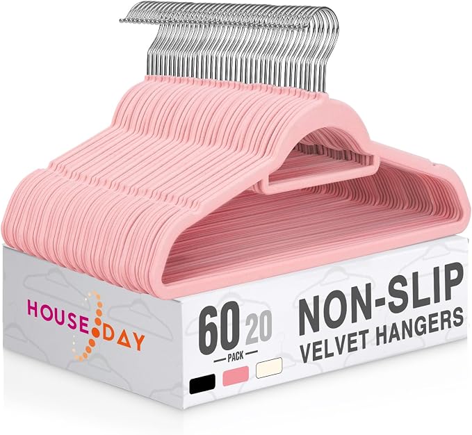 HOUSE DAY Premium Velvet Hangers 60 Pack, Non-Slip Hangers with Tie Bar | Elegance Pink Standard Clothes Hanger Slim Felt Hanger with 360° Swivel Hook for Closet Organized Storage，72g/Pc