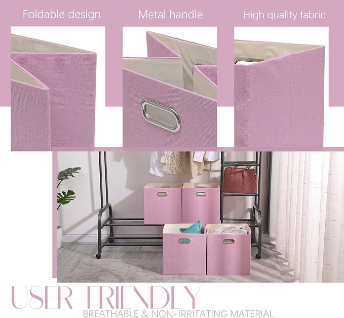 Cube Storage Bins 13x13 Linen Foldable Box with Handles, Collapsible Organization Basket Set of 4 Large Capacity Drawer for Closet Shelf Cabinet Bookcase Bedroom,Pink