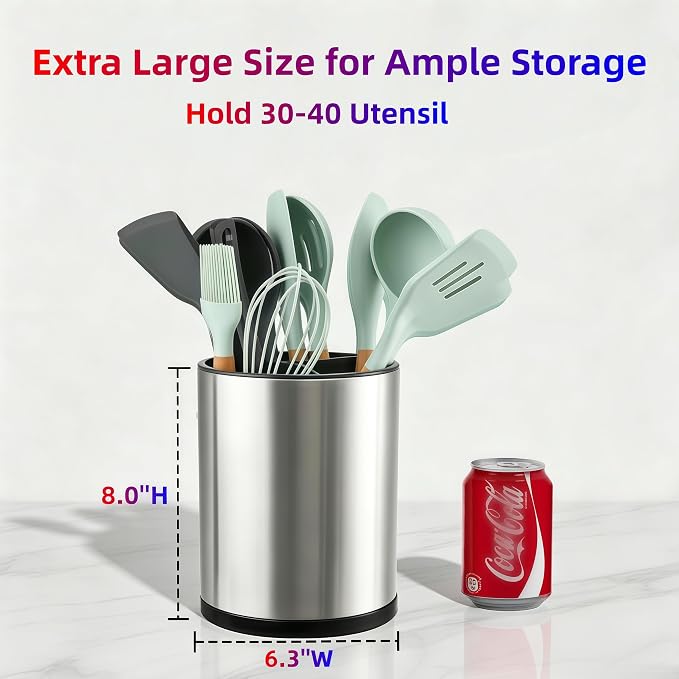 LIBODOUR Kitchen Utensil Holder Extra Large 360°Rotating For Counter Organizer Stainless Steel Storage Cooking Silverware Caddy 3 Compartment Flatware Spoon Spatula Tool Cutlery Container（Silvery）