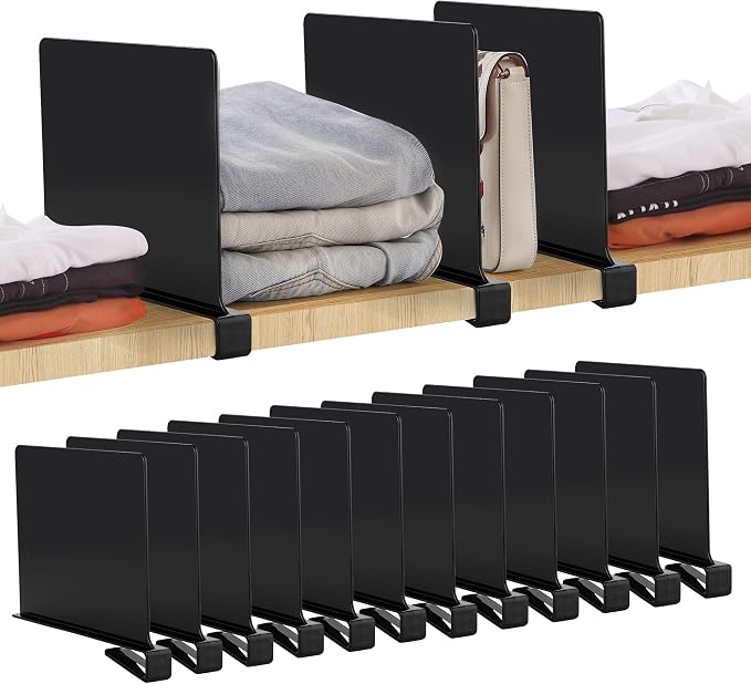 Matte Black Acrylic Shelf Dividers for Closets Organizer & Storage,12 Pack | Adjustable Vertical Wood Shelf Closet Separators, Keep Clean, for Clothes,Book,Bags, in Bedroom and Kitchen