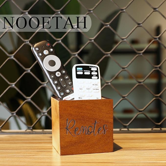 Remote Control Holder, Wooden TV Remote Holder for Table, Remote Organizer Caddy for Home Decor, Remote Box for Nightstand, Brown Labeled Remote, 1 Slot - 3.5 Inch