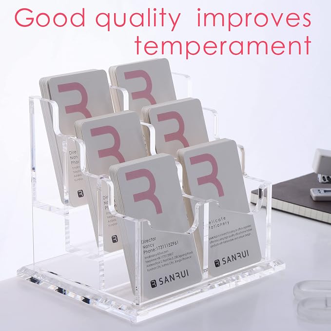 SANRUI Vertical Business Card Holder for Desk，Clear Acrylic Business Card Display Stand，6 Slots 3 Tier ，Holds 300 Cards