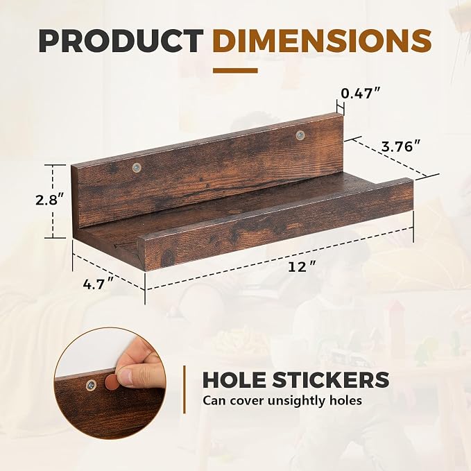 Muzilife 12" Small Floating Shelves Wood Wall Shelf with Lip, 4Pcs, Brown | FSC-Certified Wood | 20 lbs Capacity | Space-Saving | Hanging Shelf | Wall Decor| Bedroom,Living Room,Bathroom,Kitchen,Office