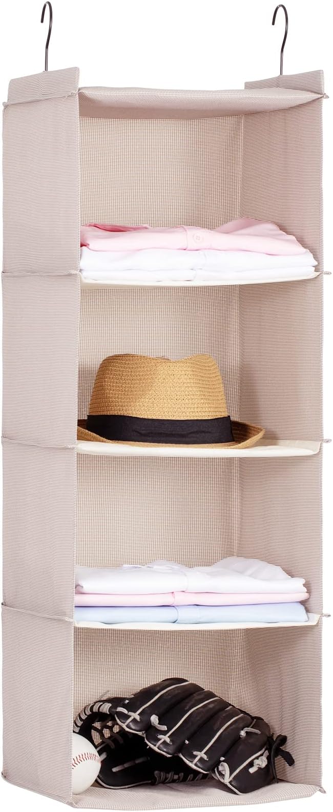 Hanging Closet Organizer 4-Tier, Oxford Wardrobe Storage, Beige Houndstooth | Easy-mount foldable design holds clothes, handbags, shoes & accessories; washable Oxford fabric, sturdy and space-saving.