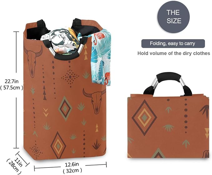 Western Bull Boho Terracotta Large Laundry Hamper Basket, Collapsible Laundry Bag Storage Bins Baskets with Handles for Laundry, Bedroom, Home Decor