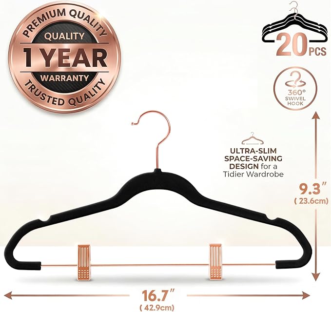MIZGI Premium Velvet Pants Hangers with Clips (Pack of 20) Slim Skirt Hangers- Non Slip Felt Outfit Dress Hangers Black - Copper/Rose Gold Hooks,Space Saving Shirt Clothes Hangers