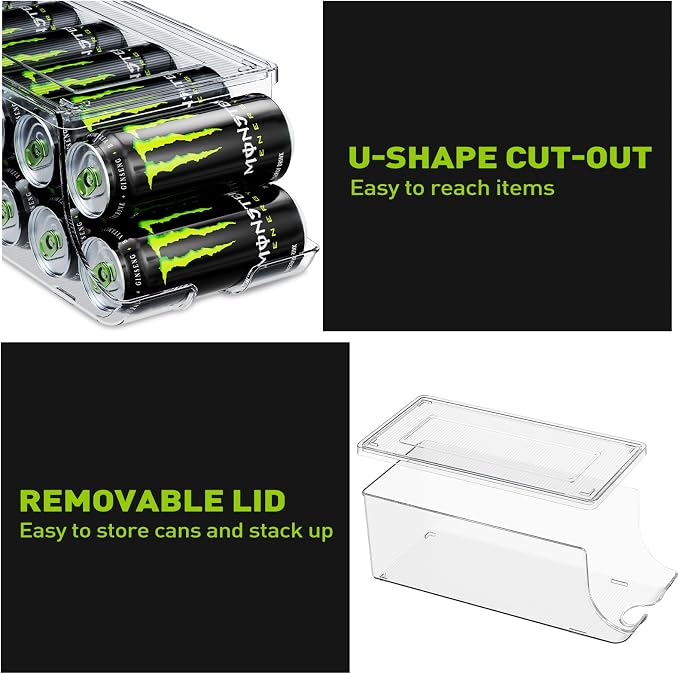 SCAVATA 4 Pack Tall Skinny Can Organizer for Refrigerator, Stackable Large Soda Cans of 16oz & 17oz Beverage Energy Drink Container Holder Dispenser with Lid for Fridge, Clear Storage Plastic Bins