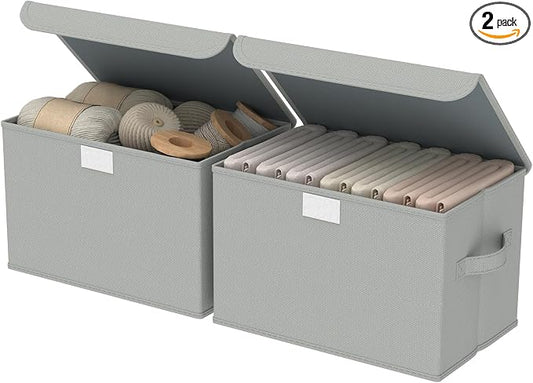 Storage Boxes, Clothes Bins with Lids, 2 Pack, Grey, 15x9.8x9.8 In | Closet Boxes with 2 Carrying Handles, Sturdy Heavy PP-board, Home Organizers Cubes with Cover for Organizing