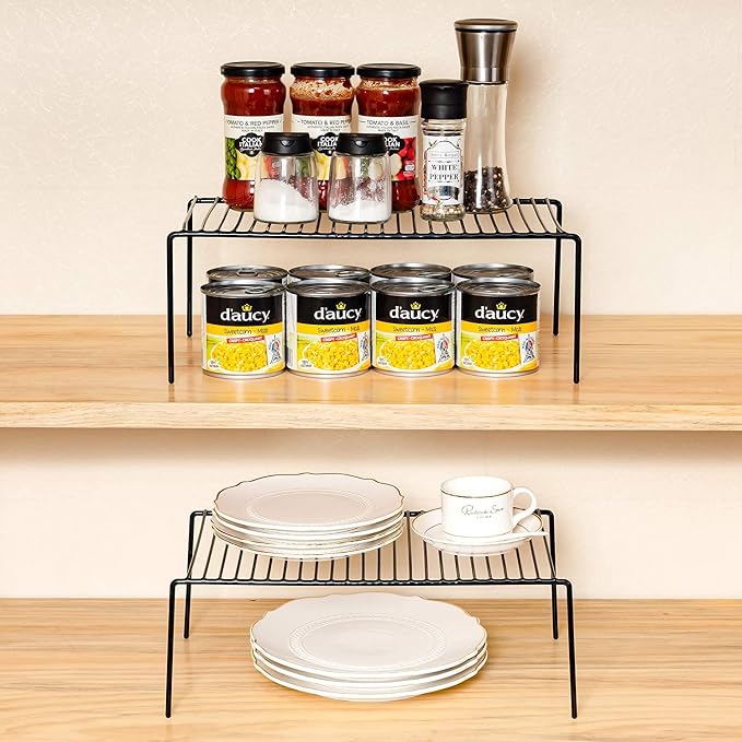 Kitchen Cabinet Organizer Shelf Rack Set of 2, Medium (13 x 9.4 inch) Metal Freezer Organizer Wire Shelves, Plate Dish Storage Rack for Cabinets, Counter, Cupboard, Pantry Organization, Black