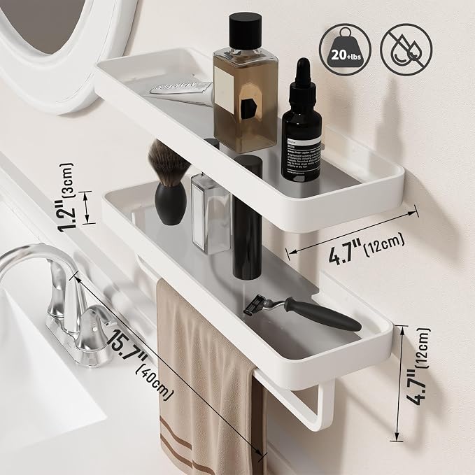 Danpoo 16-Inch White Floating Bathroom Shelves with Towel Bar， Clear Tempered Glass Wall Shelf 2-Pack – Versatile Bathroom Organizer Set