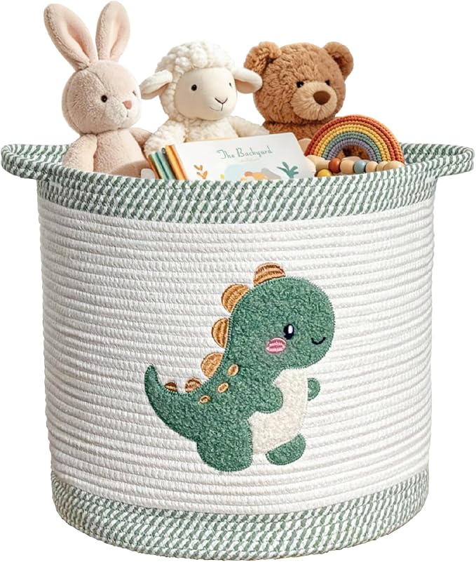 Cute Nursery Bin, Baby Toy Organizer (13.8"x13.8"), Storage Basket for Organizing, Woven Rope Basket for Shelves, Cute Baskets with Handle for Nursery, Playroom (Dinosaur, Large)