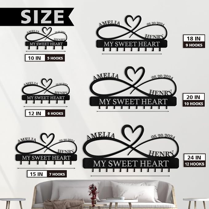 Dyoart Personalized Key Holder Wall Mount, Custom Couple's Name Key Holder for Wall, Love Shape Wedding Couple Gifts, Metal Key Rack Coat Rack, Key Rack Organizer for Bedroom Hallway Decor