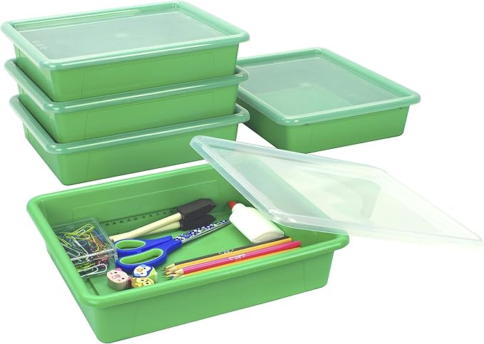 Storex Letter Size Flat Storage Tray – Organizer Bin with Non-Snap Lid for Classroom, Office and Home, Green, 5-Pack (62539U05C)