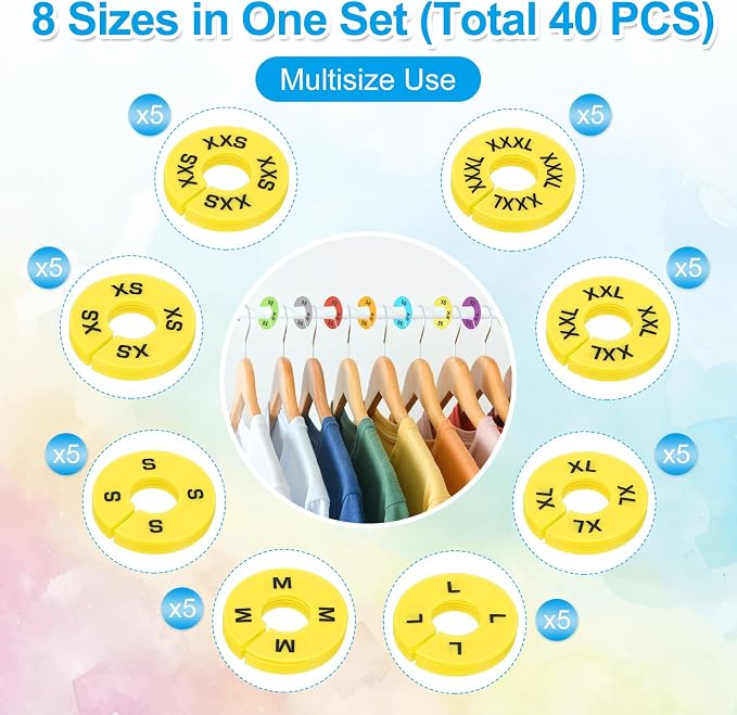 PATIKIL Clothes Dividers for Hanging Clothes, 40 Pack 8 Sizes Round Pre-written Clothing Rack Dividers Size Mark Label Sorting Separator for Closet, Yellow