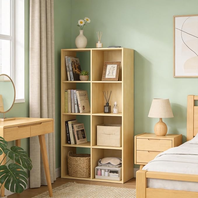 CTESNE【2026】 8 Cube Shelf with Anti-Tipping Kits + Reversible Open Back Bookcase, Multi Layer and Multi Grid partition Layout (Oak 11in)